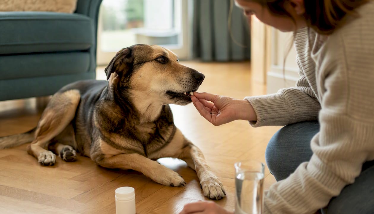 Ein Hund bekommt seine Wurmkur ganz entspannt zu Hause.