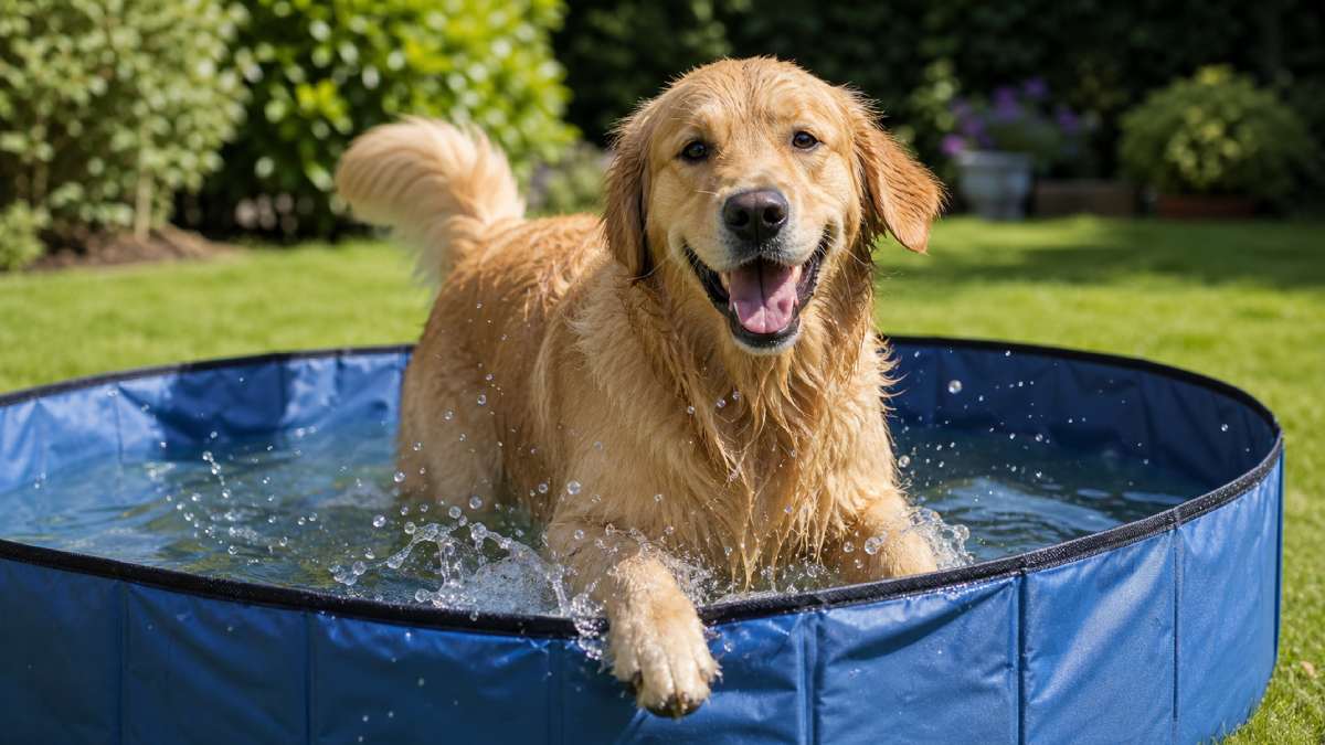 Fröhlicher Golden Retriever planscht an einem sonnigen Nachmittag in einem blauen faltbaren Hundepool im Garten.