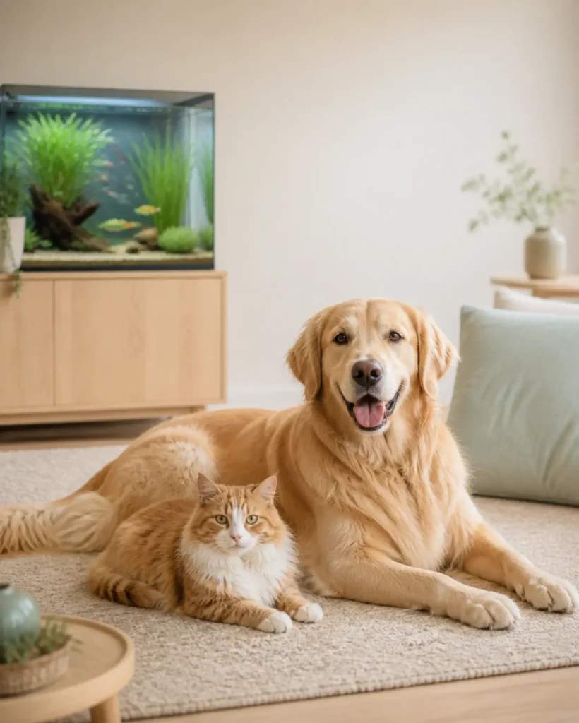 Katze, Hund und Aquarium in einem hellen Wohnzimmer